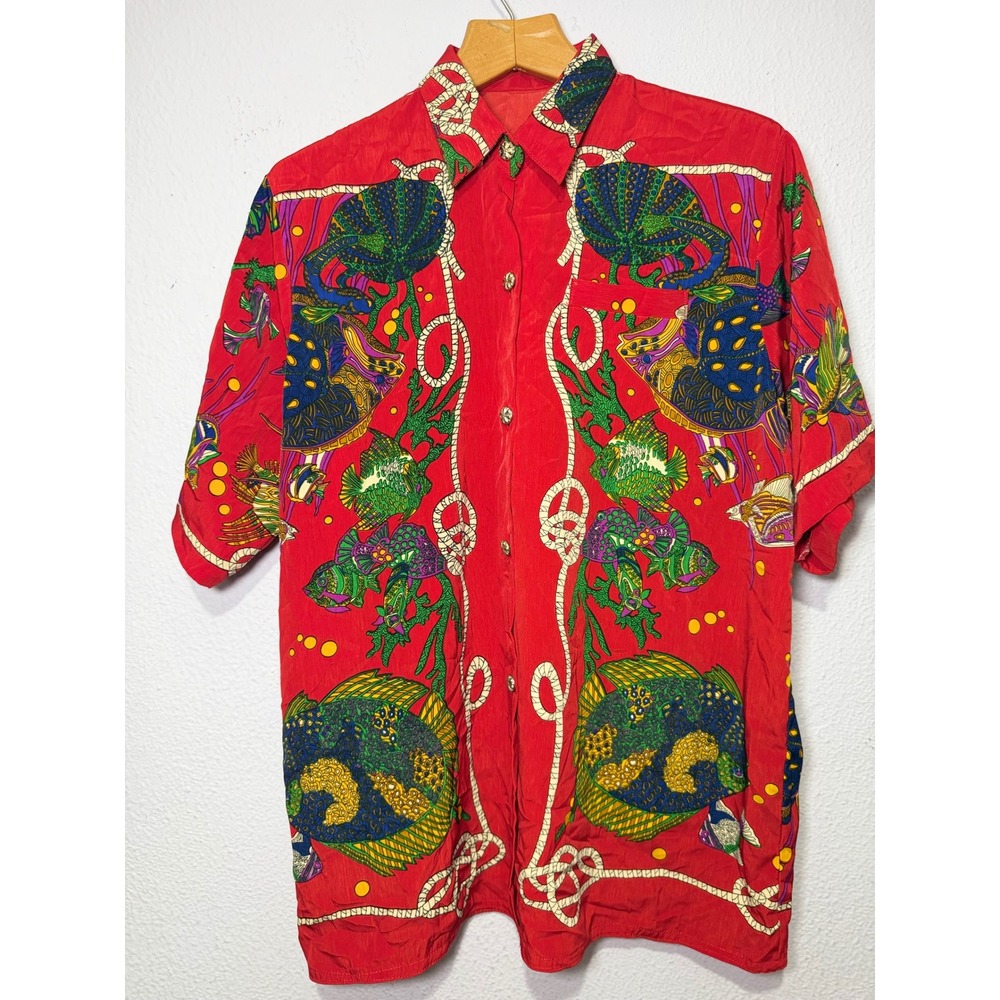 Vintage Tropical Fish Button Down Shirt Mens L Red Nautical Summer Casual